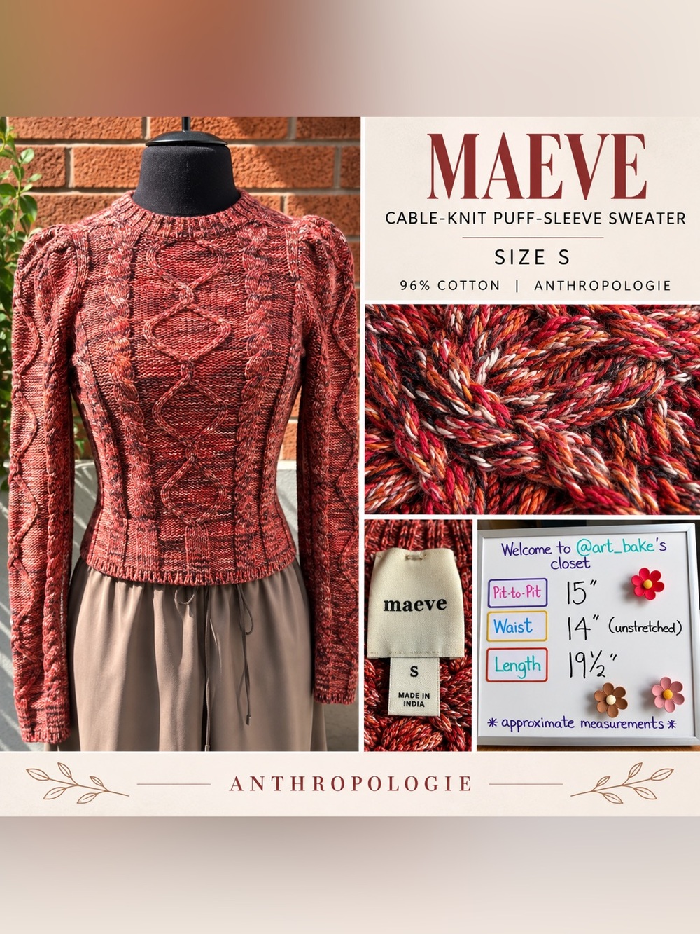 Maeve Anthropologie Cable Knit Puff Sleeve Sweater Red Size S